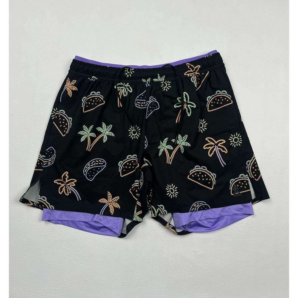 Chubbies Athletic Shorts Mens Medium Black Neon Snack Attack Taco Palm Tree 5.5"